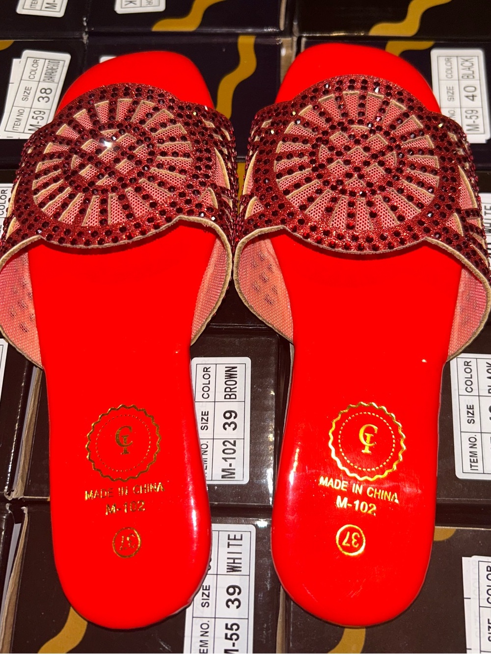 Red Embellished Slip-On Mules by